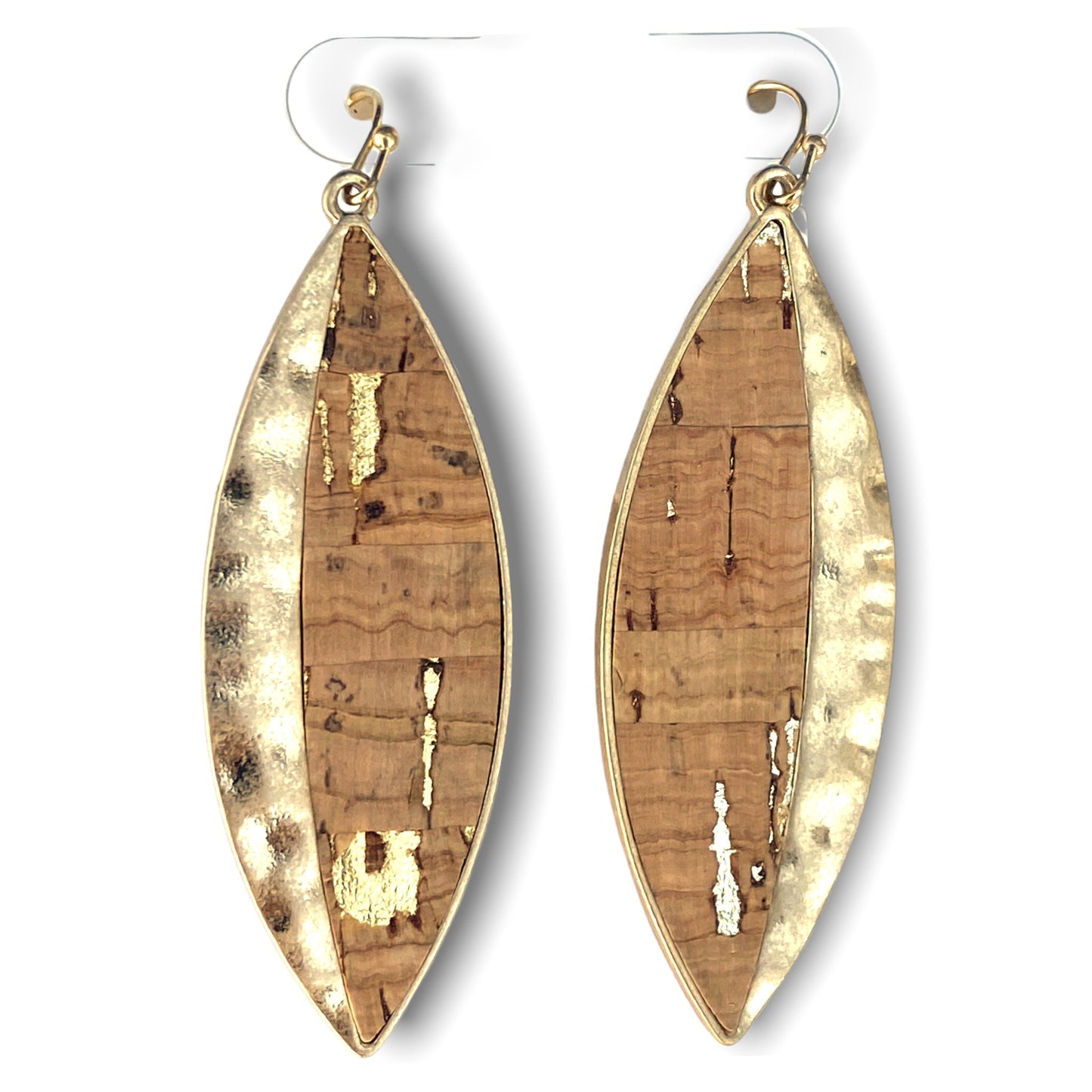Leaf Shape Natural Cork Earrings with Gold Tone Trim - 3-in - Mellow Monkey