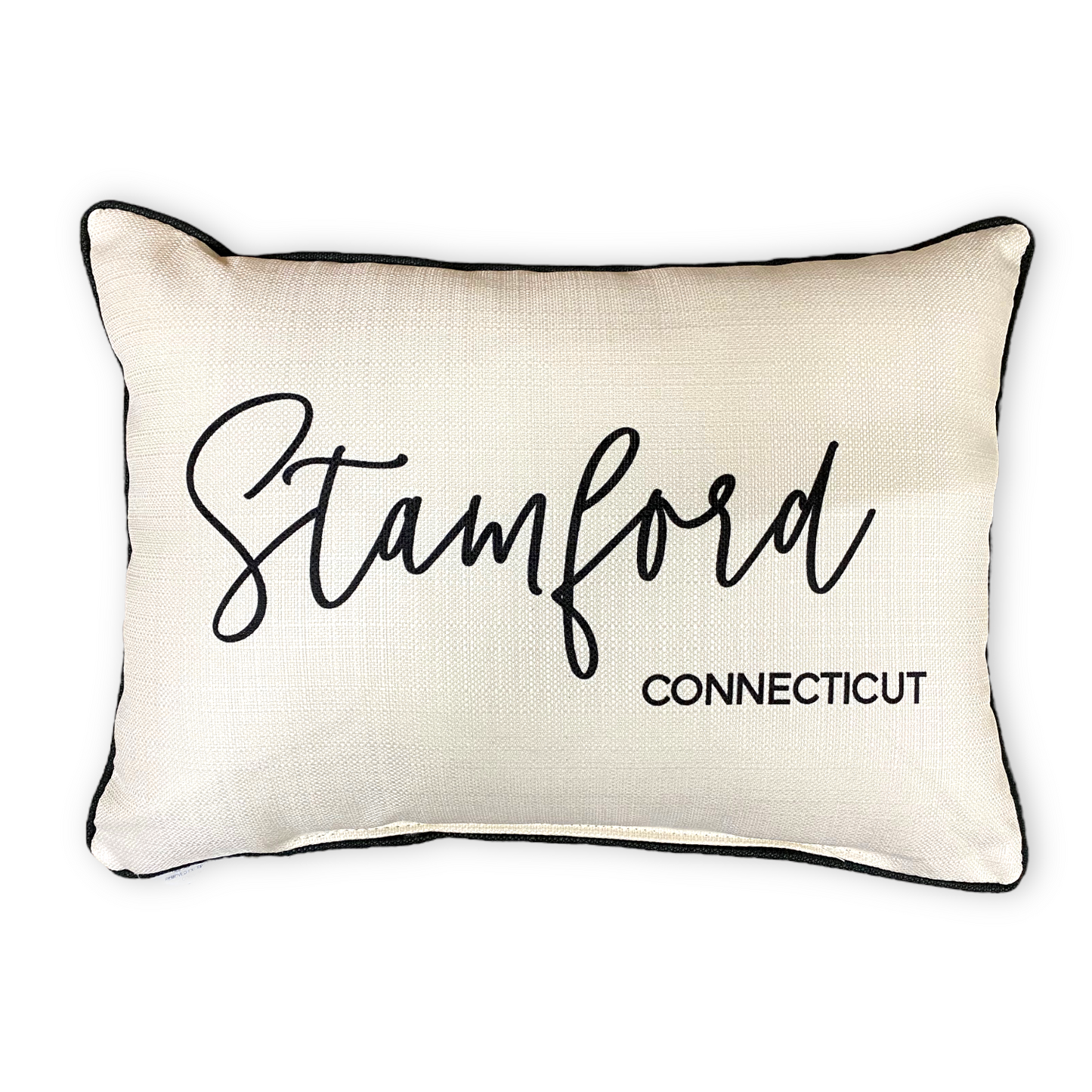 Stamford Connecticut Throw Pillow with Pinot Script and Black Piping 