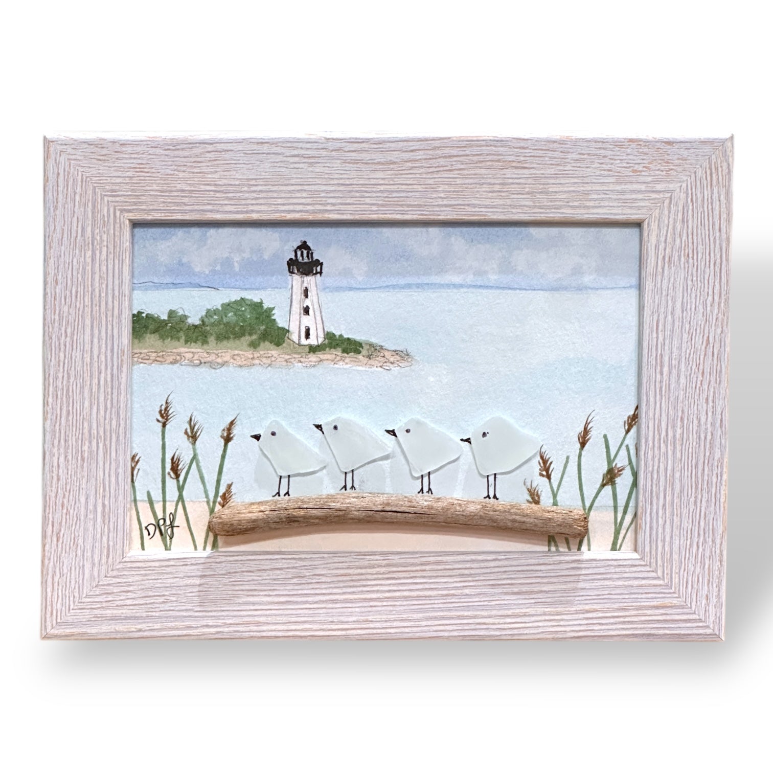 Fayerweather Lighthouse Black Rock Bridgeport CT Sea Glass Birds on Watercolor Print - Framed - 7-1/2-in - Mellow Monkey