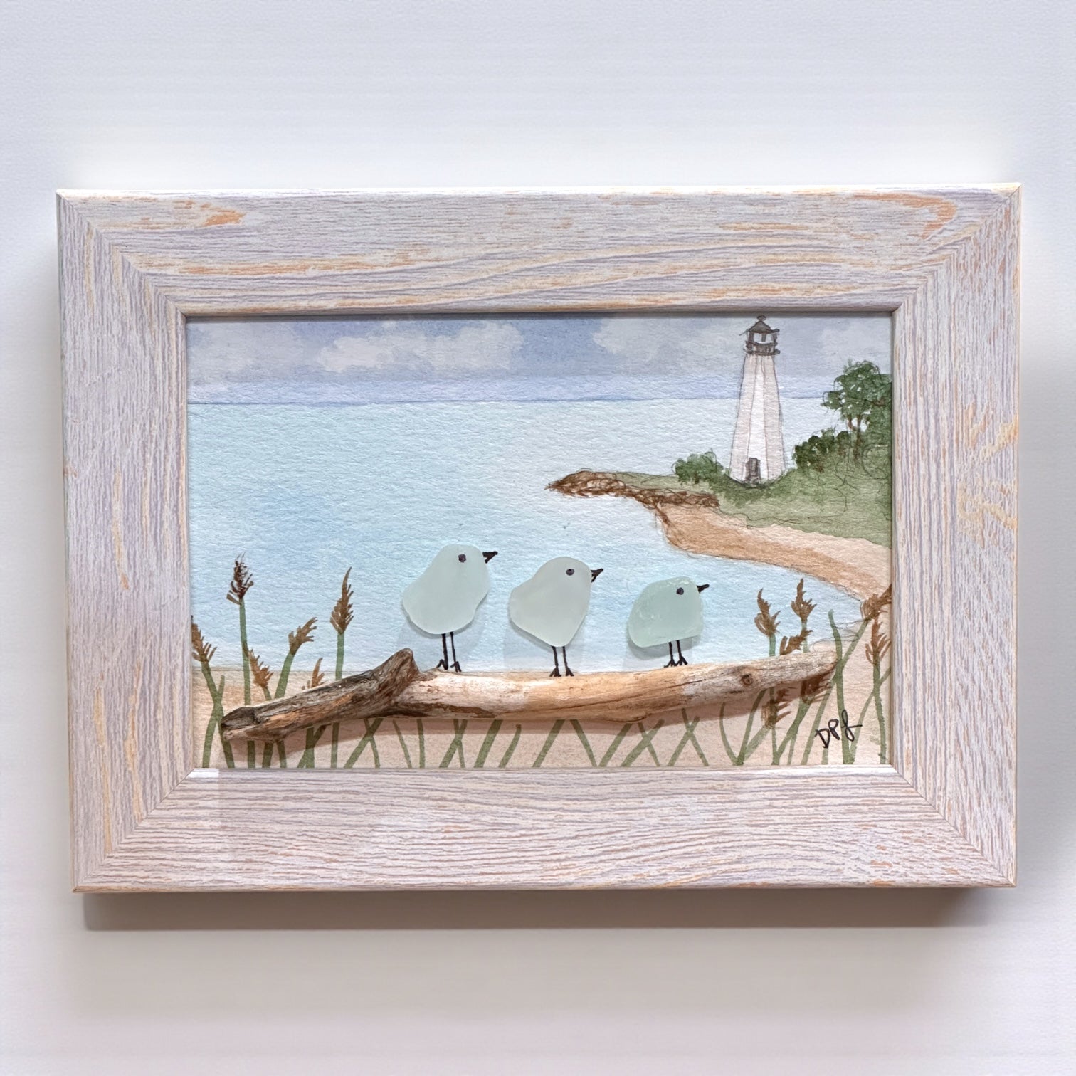 Five Mile Point Light New Haven CT Sea Glass Birds on Watercolor Print - Framed - 7-1/2-in - Mellow Monkey