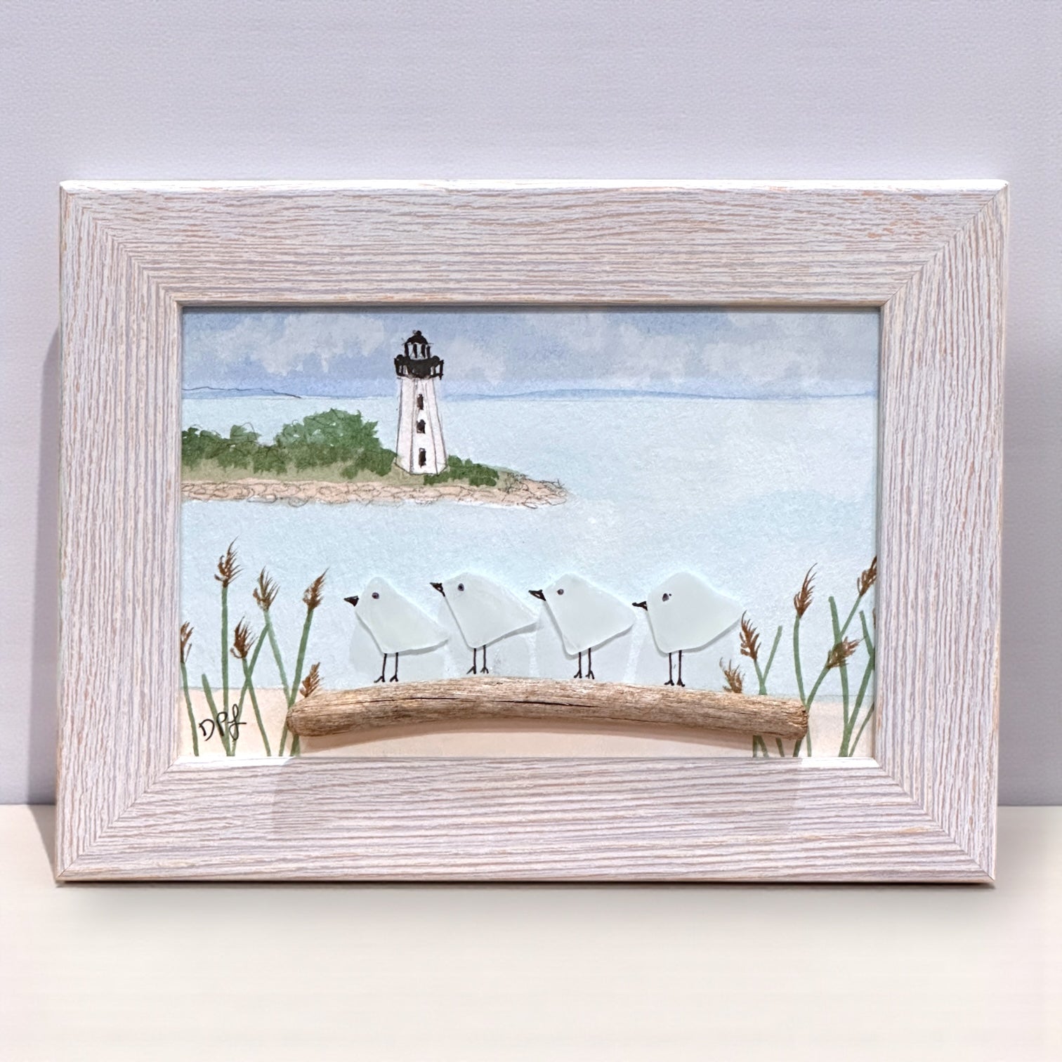 Fayerweather Lighthouse Black Rock Bridgeport CT Sea Glass Birds on Watercolor Print - Framed - 7-1/2-in - Mellow Monkey