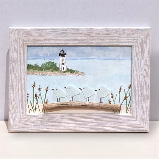 Fayerweather Lighthouse Black Rock Bridgeport CT Sea Glass Birds on Watercolor Print - Framed - 7-1/2-in - Mellow Monkey