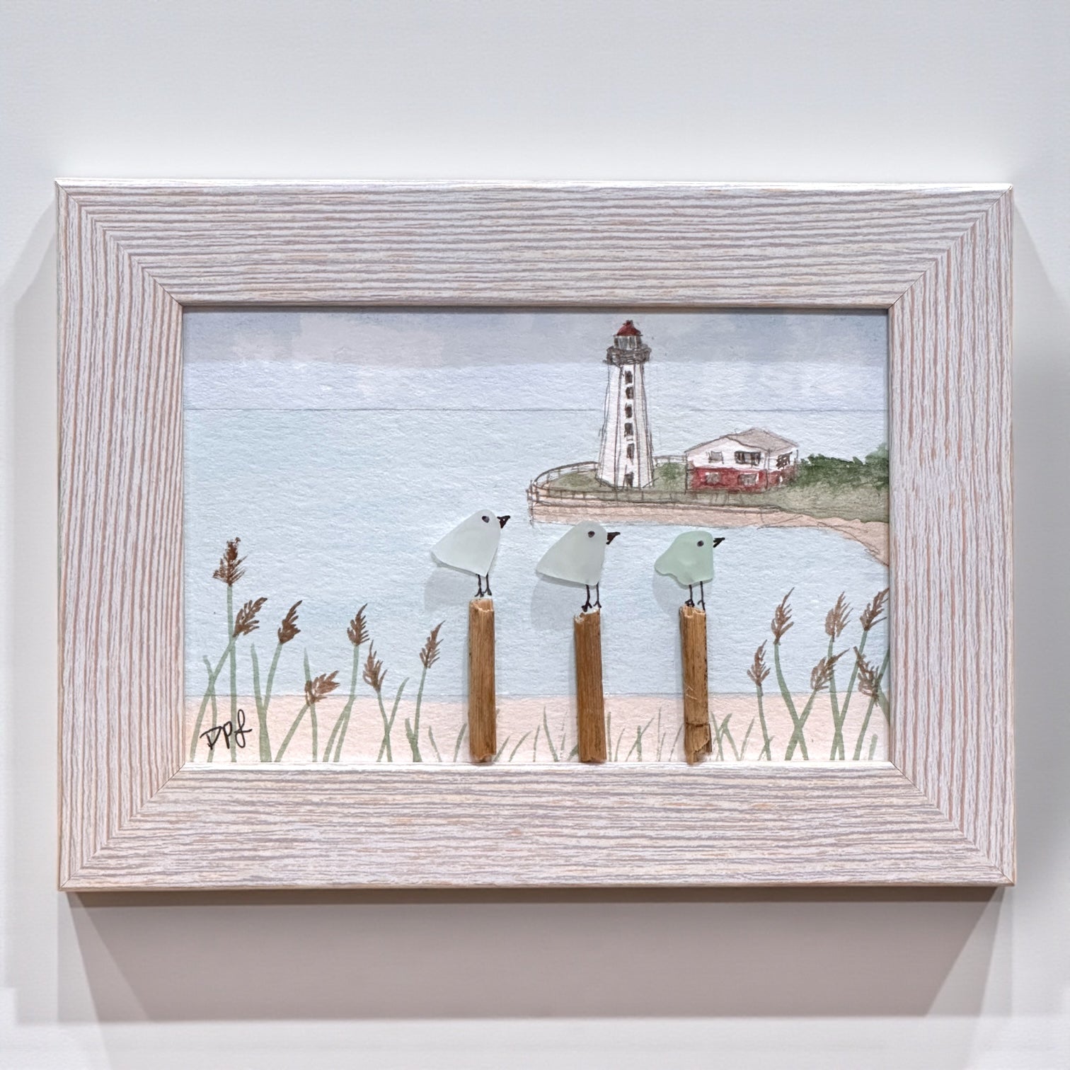 Lynde Point Lighthouse Old Saybrook CT Sea Glass Birds on Watercolor Print - Framed - 7-1/2-in - Mellow Monkey