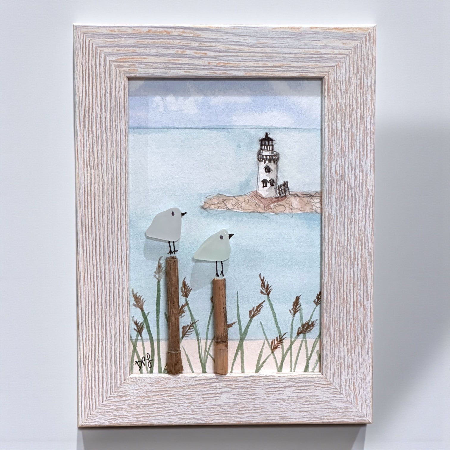 Breakwater Lighthouse Old Saybrook CT Sea Glass Birds on Watercolor Print - Framed - 7-1/2-in - Mellow Monkey