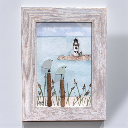 Breakwater Lighthouse Old Saybrook CT Sea Glass Birds on Watercolor Print - Framed - 7-1/2-in - Mellow Monkey