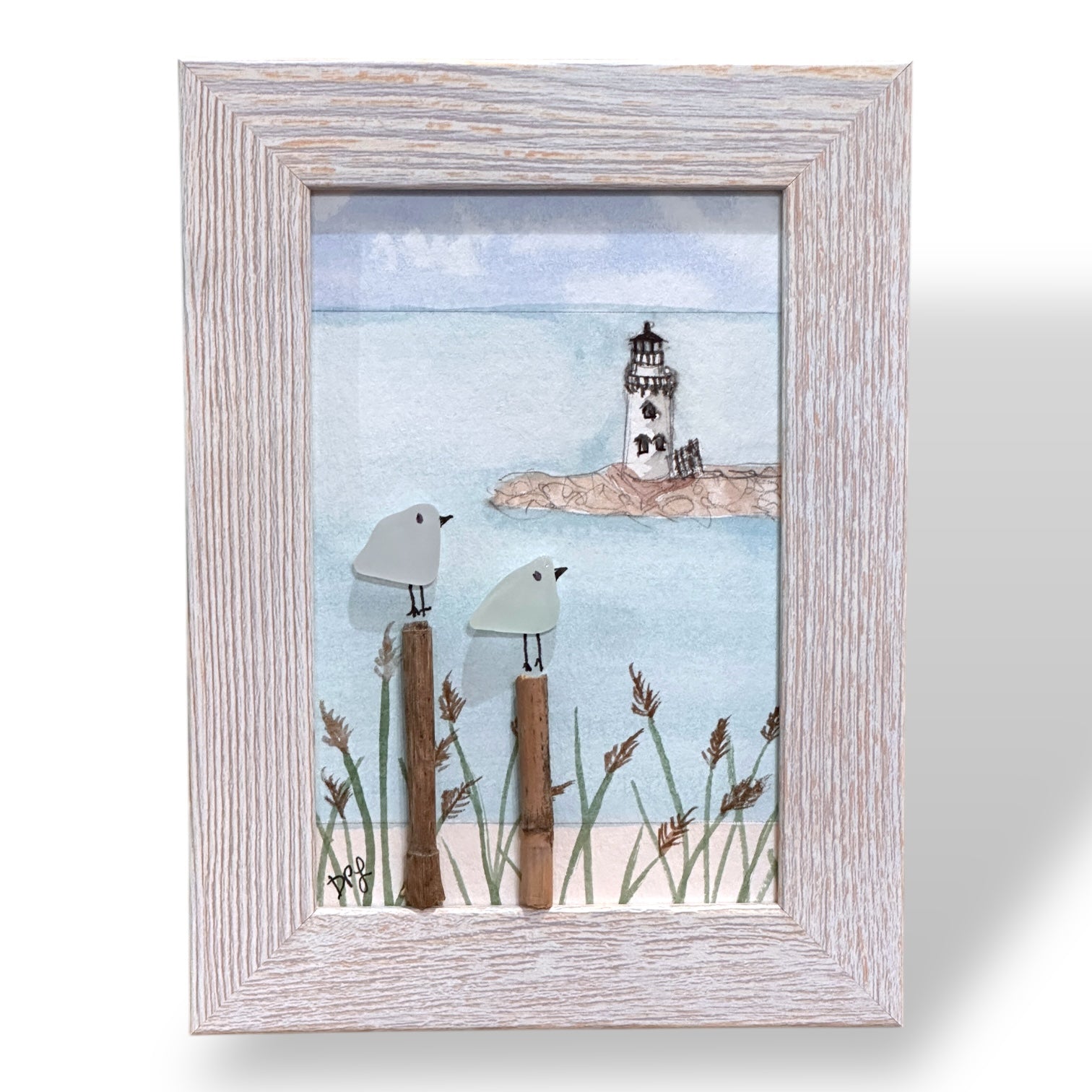 Breakwater Lighthouse Old Saybrook CT Sea Glass Birds on Watercolor Print - Framed - 7-1/2-in - Mellow Monkey