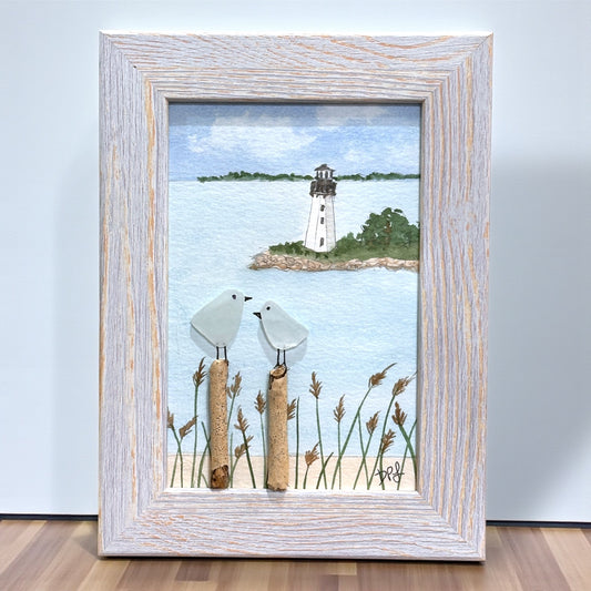 Fayerweather Lighthouse Black Rock Bridgeport CT Sea Glass Birds on Watercolor Print - Framed - 7-1/2-in - Mellow Monkey