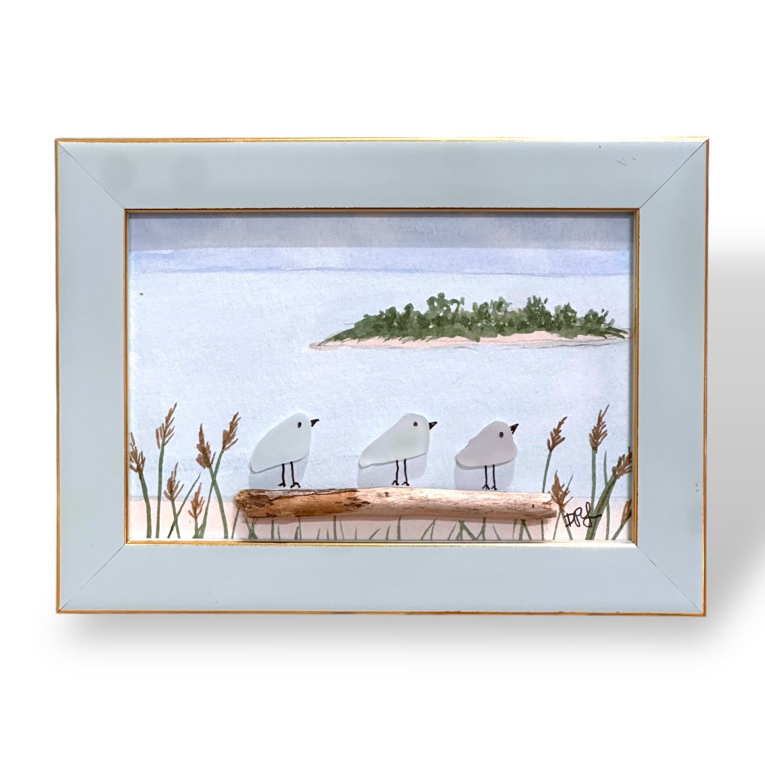 Charles Island Milford Connecticut Sea Glass Birds on Watercolor Print - Framed - 7-1/2-in - Mellow Monkey