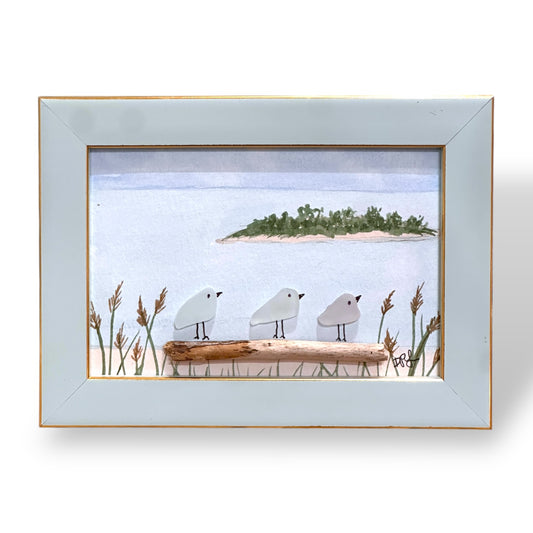 Charles Island Milford Connecticut Sea Glass Birds on Watercolor Print - Framed - 7-1/2-in - Mellow Monkey