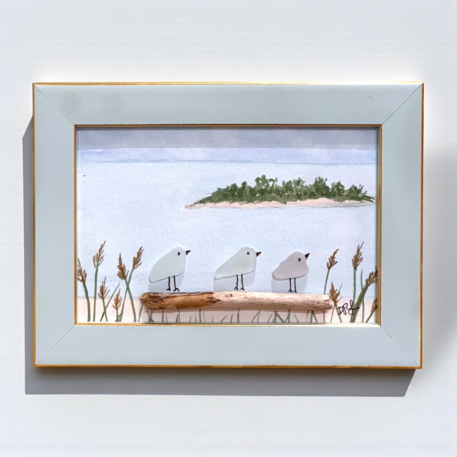 Charles Island Milford Connecticut Sea Glass Birds on Watercolor Print - Framed - 7-1/2-in - Mellow Monkey