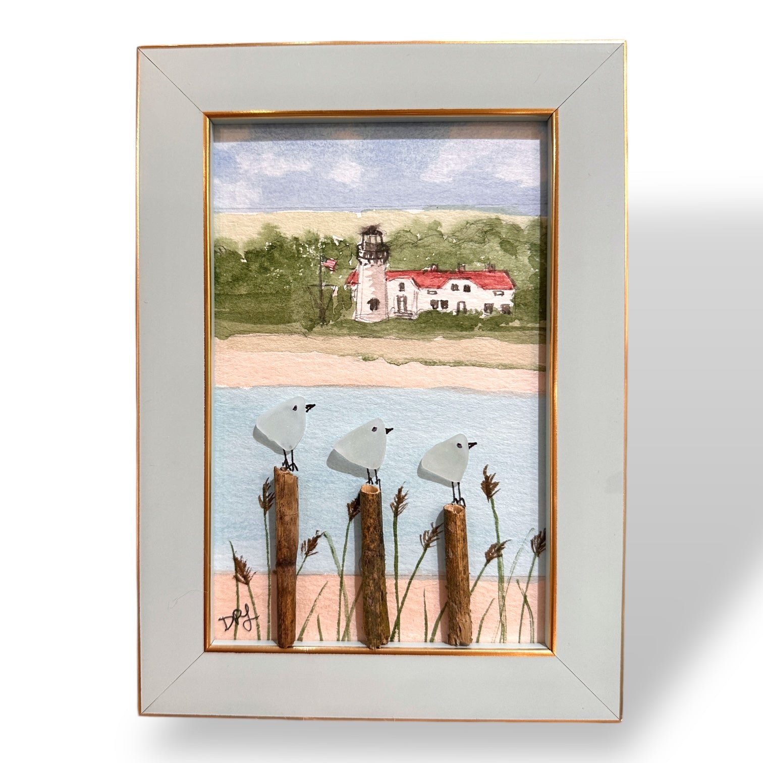 Chatham Lighthouse Cape Cod Massachusetts Sea Glass Birds on Watercolor Print - Framed - 7-1/2-in (Copy) - Mellow Monkey
