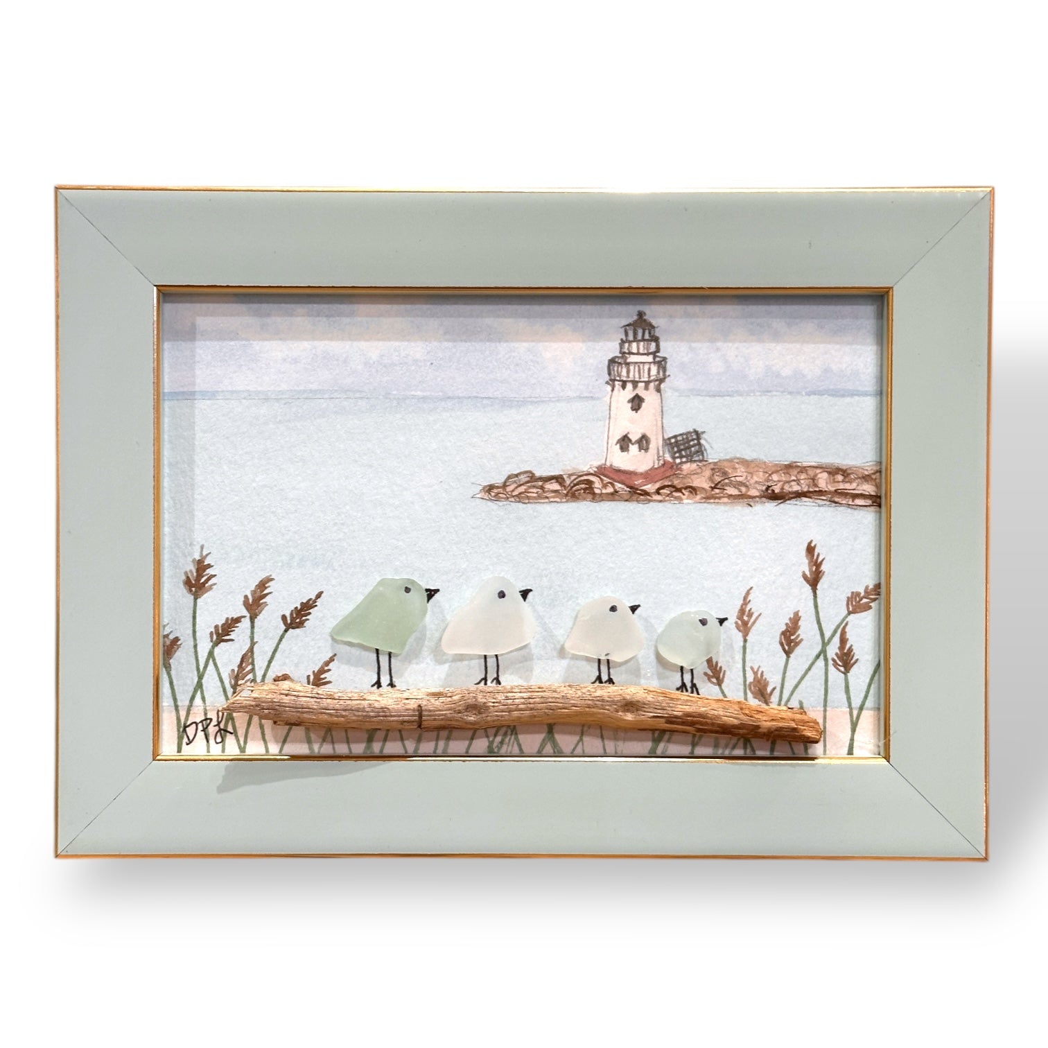 Breakwater Lighthouse Old Saybrook CT Sea Glass Birds on Watercolor Print - Framed - 7-1/2-in - Mellow Monkey