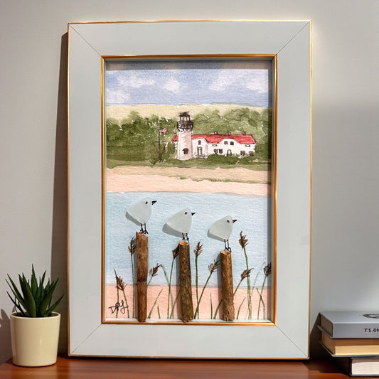 Chatham Lighthouse Cape Cod Massachusetts Sea Glass Birds on Watercolor Print - Framed - 7-1/2-in (Copy) - Mellow Monkey