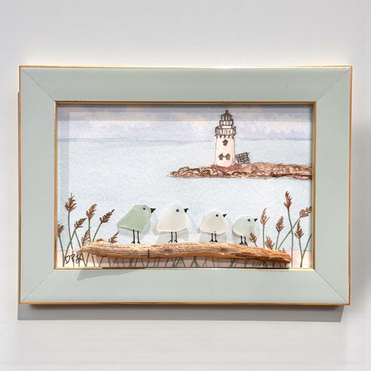 Breakwater Lighthouse Old Saybrook CT Sea Glass Birds on Watercolor Print - Framed - 7-1/2-in - Mellow Monkey