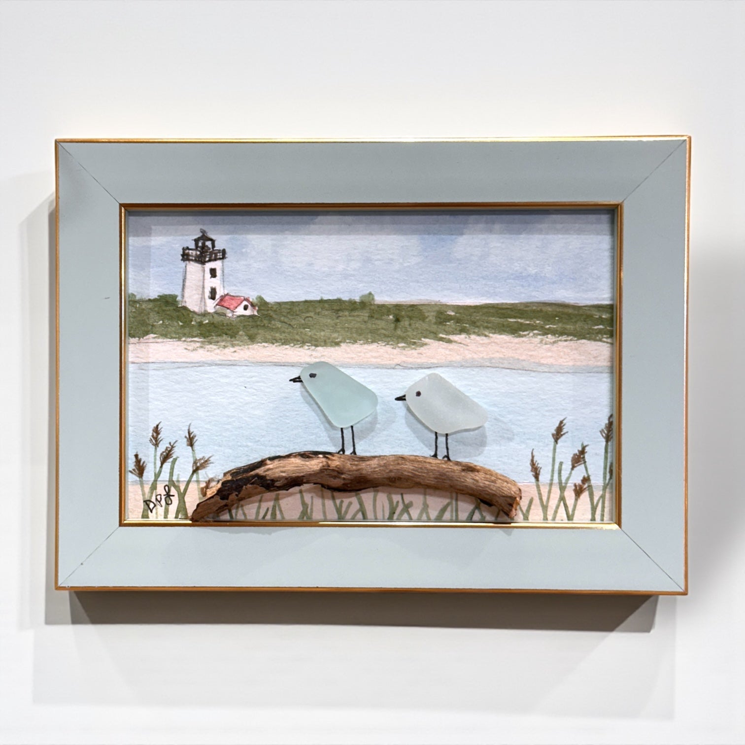 Woods End Lighthouse Cape Cod Massachusetts Sea Glass Birds on Watercolor Print - Framed - 7-1/2-in - Mellow Monkey