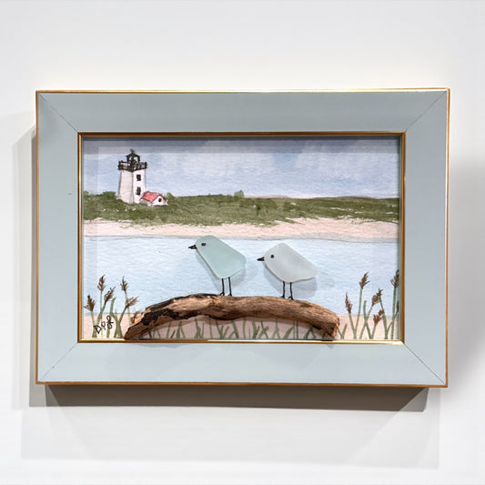 Woods End Lighthouse Cape Cod Massachusetts Sea Glass Birds on Watercolor Print - Framed - 7-1/2-in - Mellow Monkey