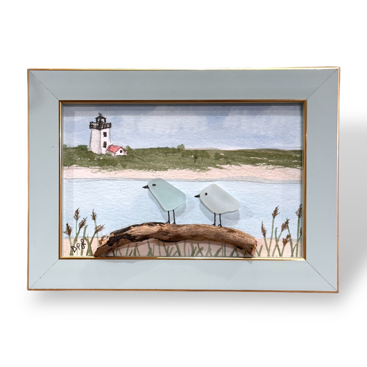 Woods End Lighthouse Cape Cod Massachusetts Sea Glass Birds on Watercolor Print - Framed - 7-1/2-in - Mellow Monkey