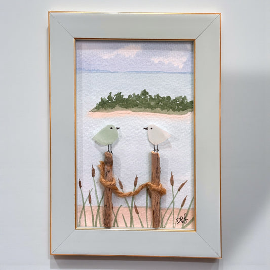 Charles Island Milford Connecticut Sea Glass Birds on Watercolor Print - Framed - 7-1/2-in - Mellow Monkey