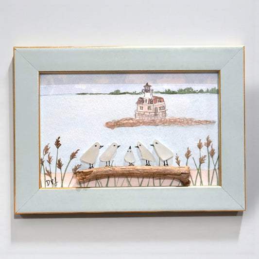 Penfield Reed Lighthouse Fairfield CT Sea Glass Birds on Watercolor Print - Framed - 7-1/2-in - Mellow Monkey