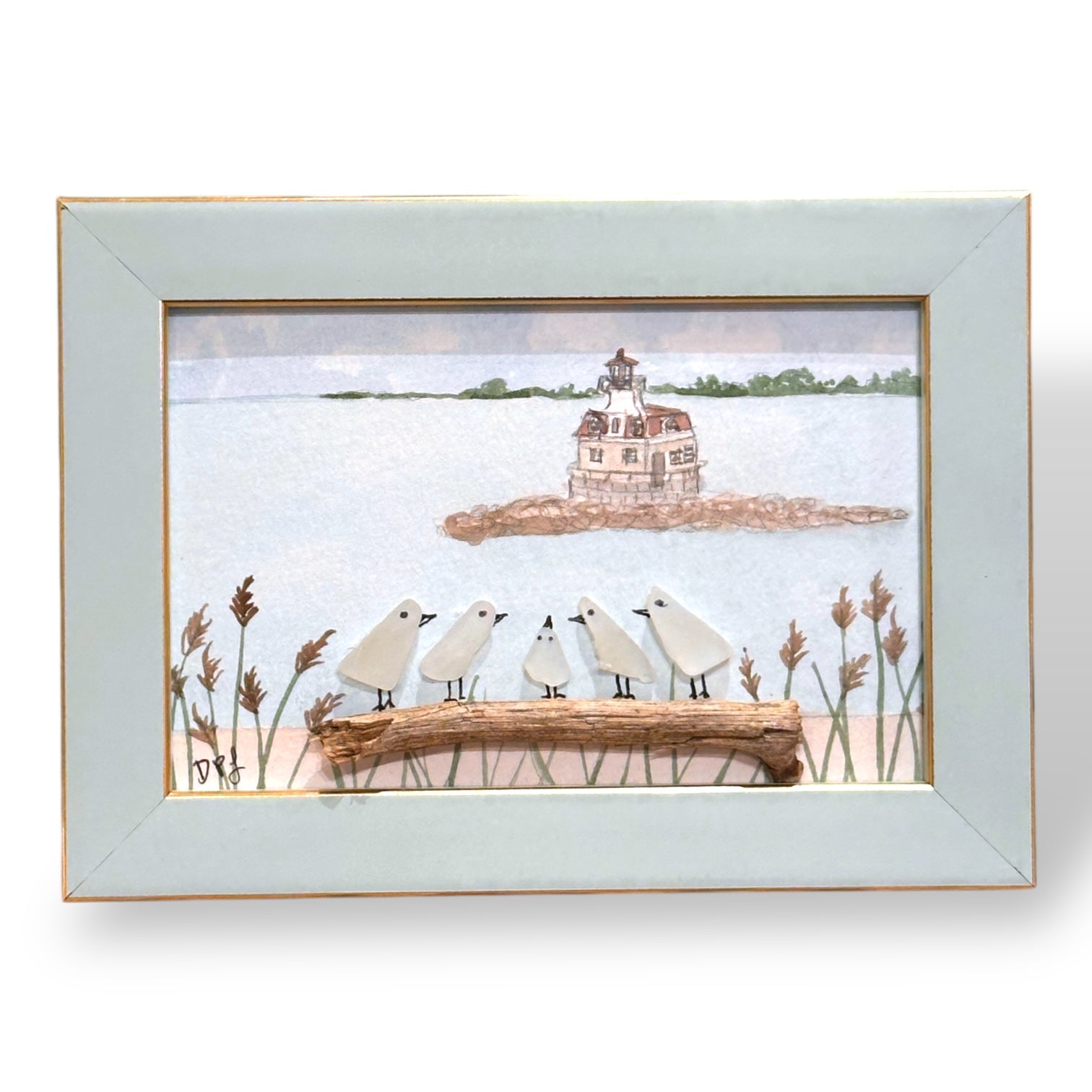 Penfield Reed Lighthouse Fairfield CT Sea Glass Birds on Watercolor Print - Framed - 7-1/2-in - Mellow Monkey