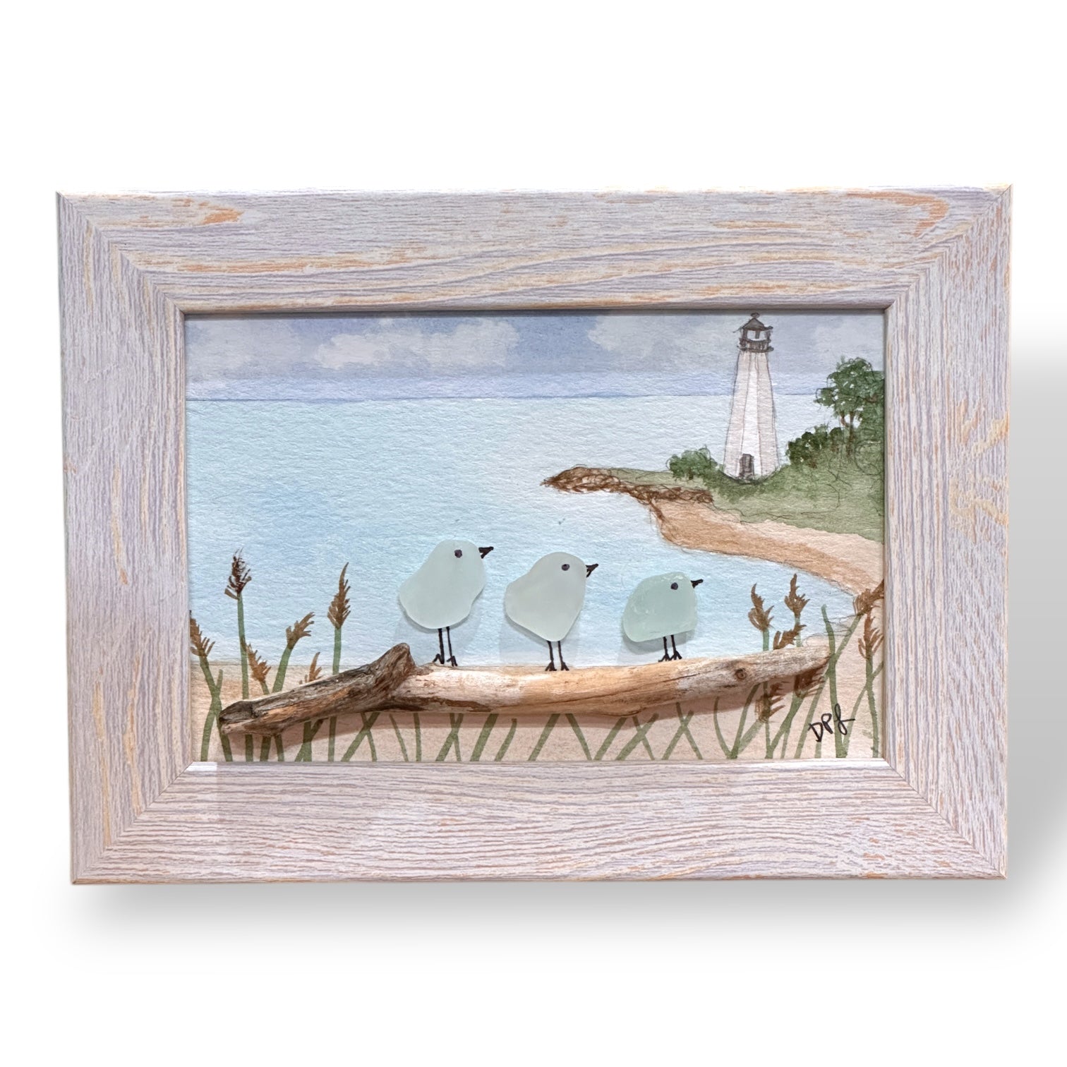 Five Mile Point Light New Haven CT Sea Glass Birds on Watercolor Print - Framed - 7-1/2-in - Mellow Monkey