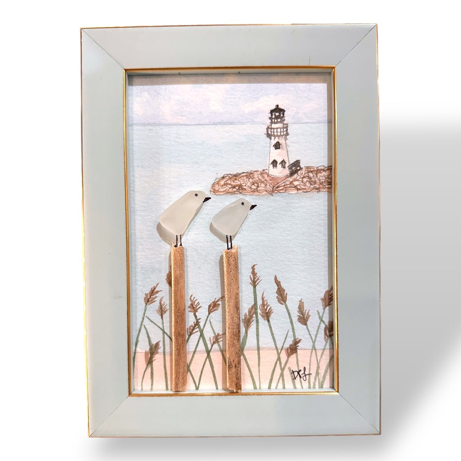 Breakwater Lighthouse Old Saybrook CT Sea Glass Birds on Watercolor Print - Framed - 7-1/2-in - Mellow Monkey