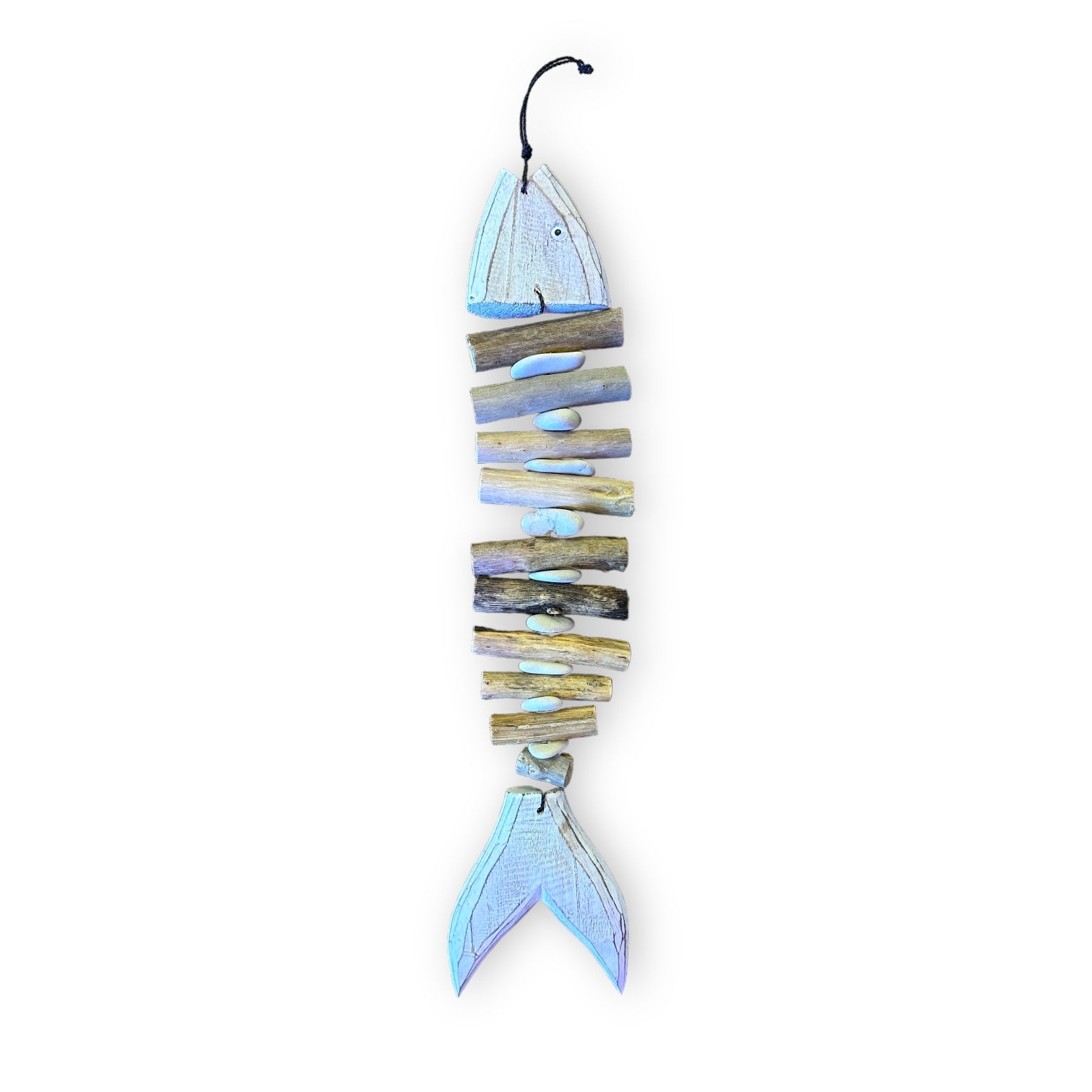 Driftwood and White Stone Painted Fish Strand - 24-in - Light Blue - Mellow Monkey