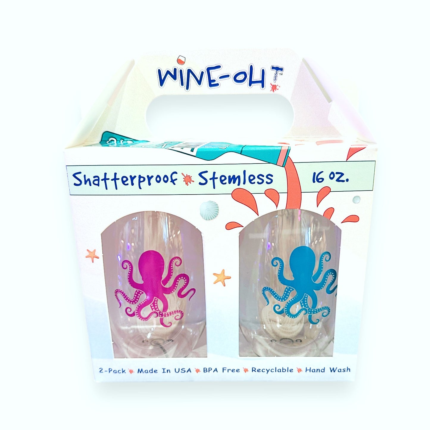 Octopus (Aqua / Pink) - Shatterproof Stemless Wine Glass - 2-pk - Mellow Monkey