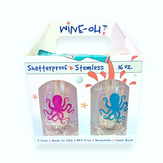 Octopus (Aqua / Pink) - Shatterproof Stemless Wine Glass - 2-pk - Mellow Monkey