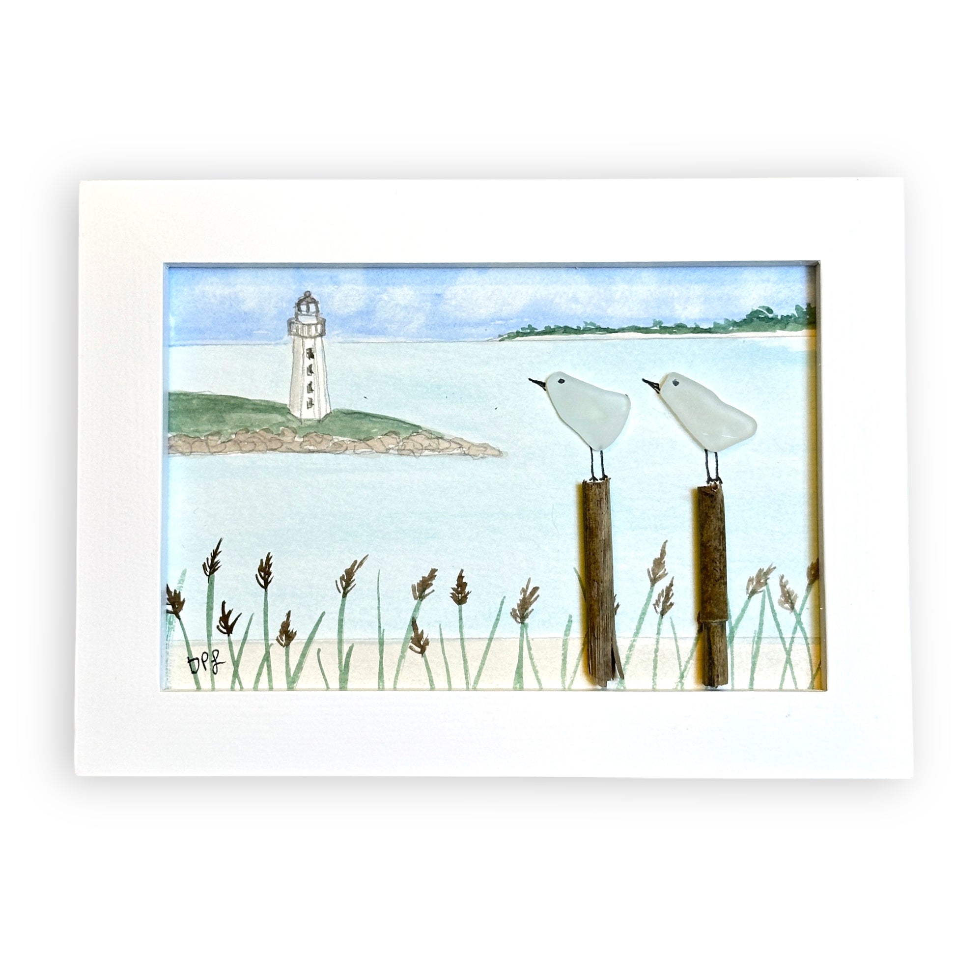 Lighthouse Sea Glass Birds on Watercolor Print - Framed Distressed White 7-in - Mellow Monkey