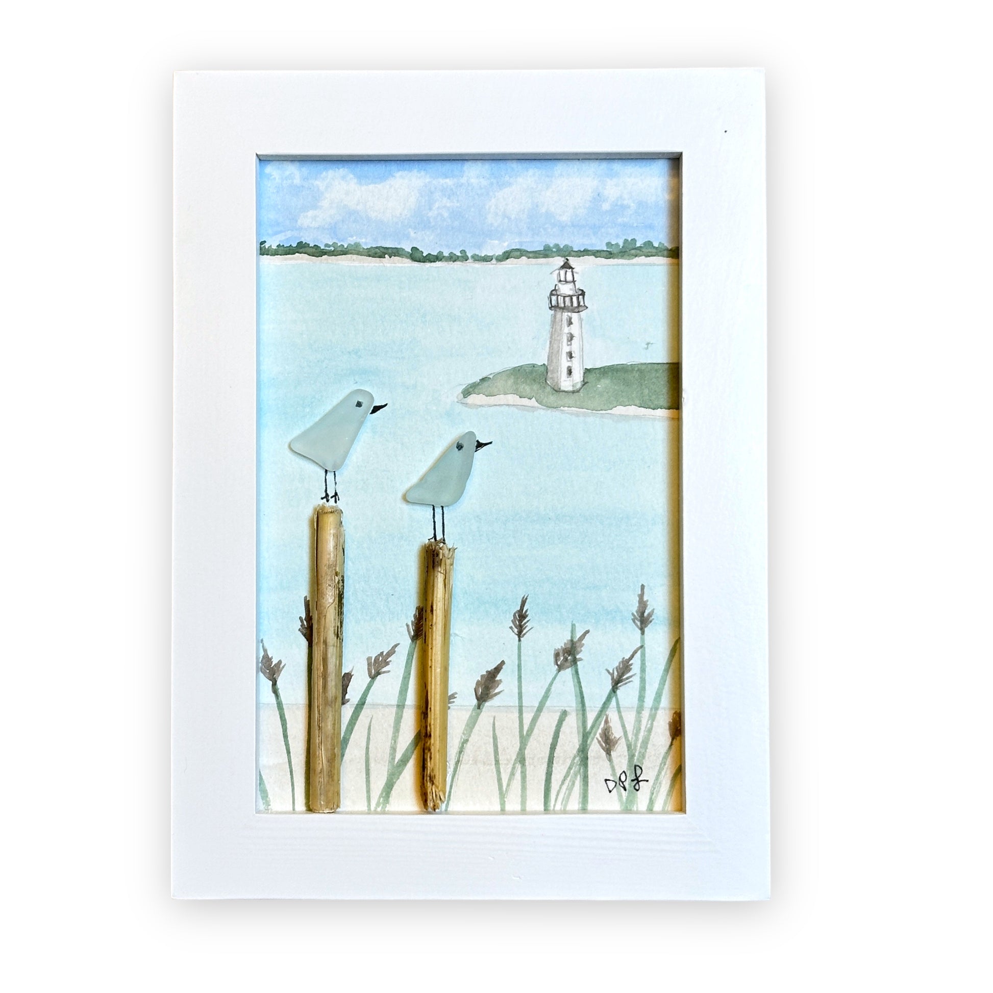 Lighthouse Sea Glass Birds on Watercolor Print - Framed Distressed White 7-in - Mellow Monkey