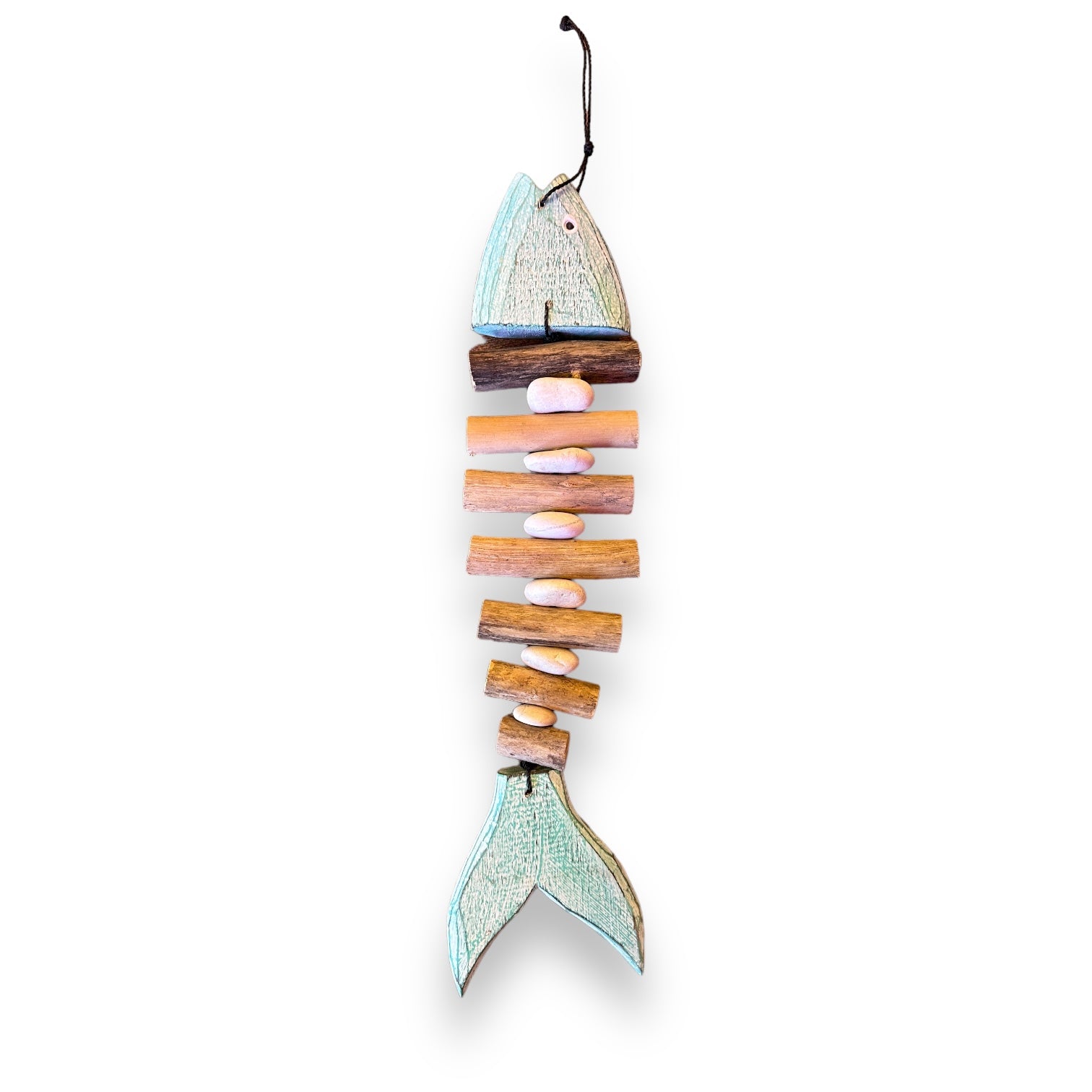 Driftwood and White Stone Painted Fish Strand - 24-in - Aqua Green - Mellow Monkey