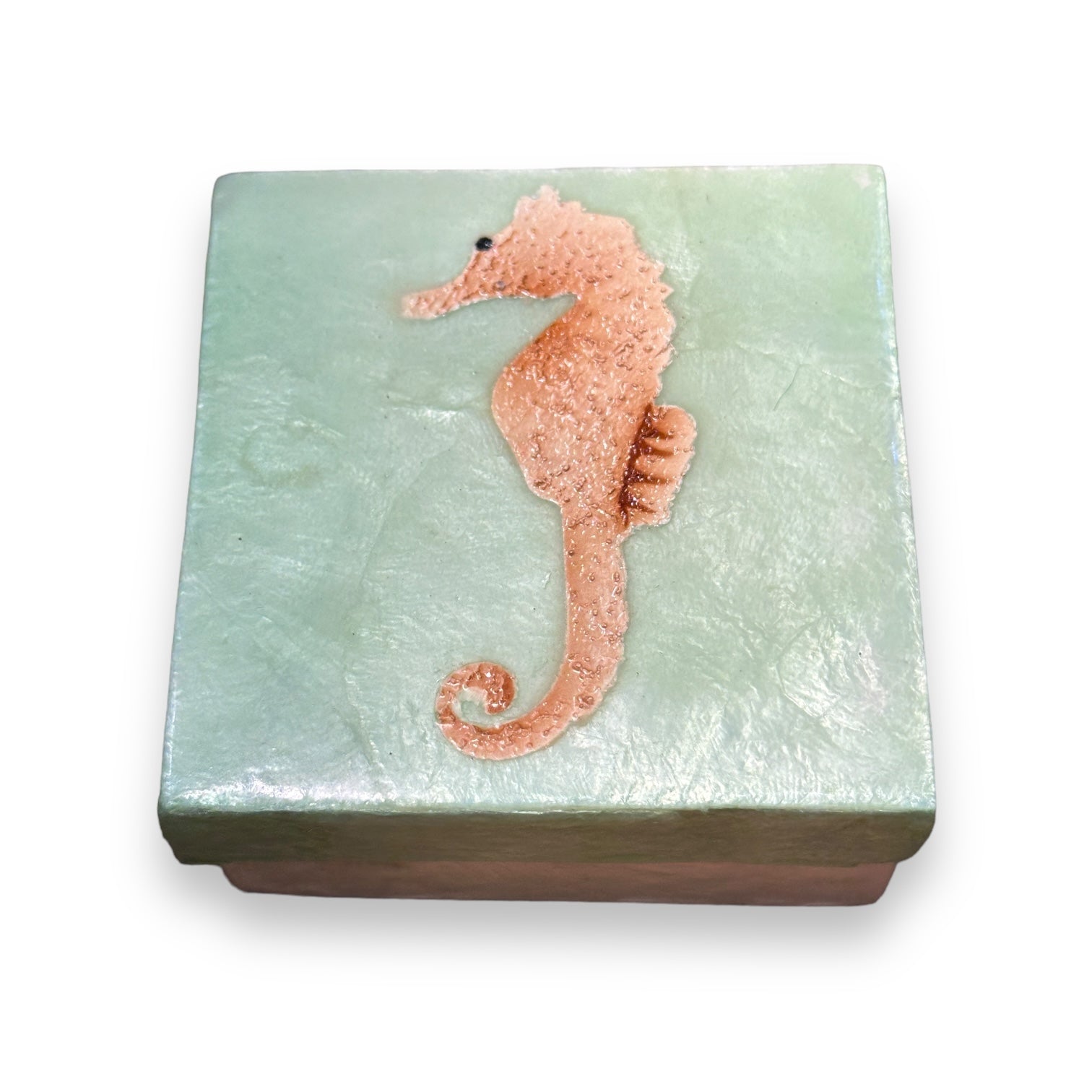 Seahorse Capiz Trinket Box - Green and Peach - 3-in - Mellow Monkey