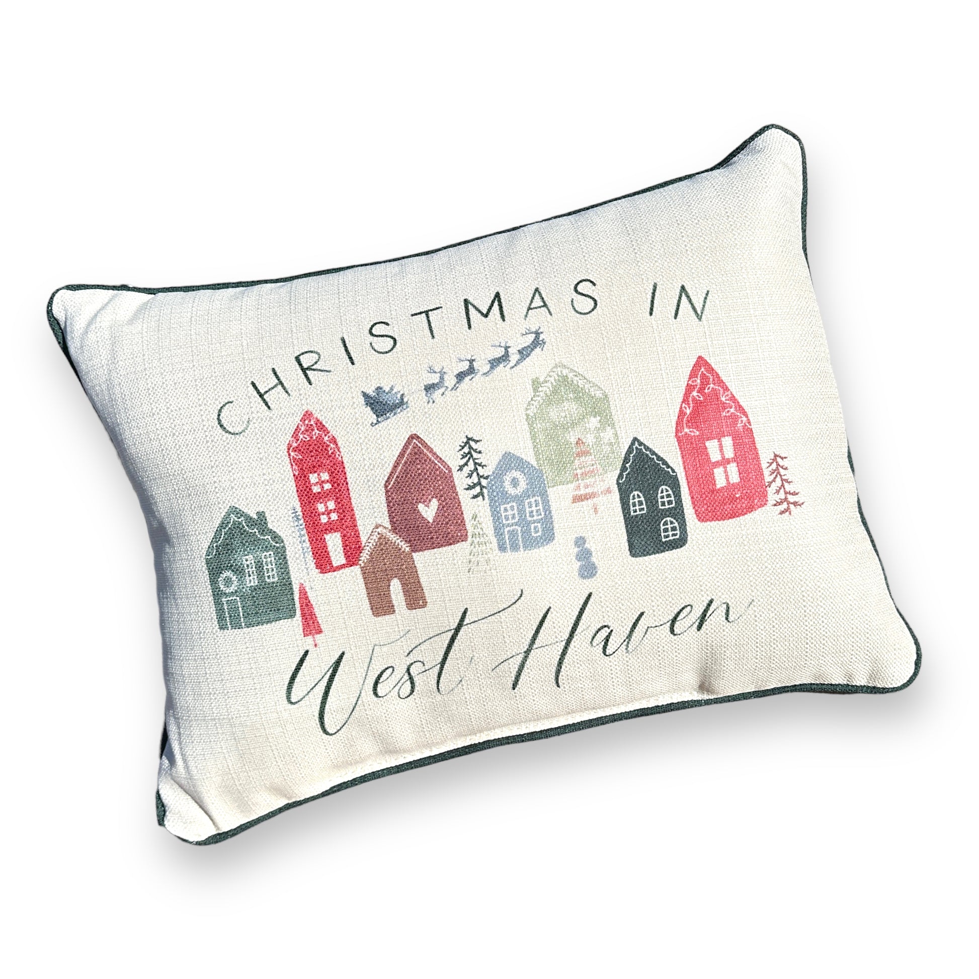 Christmas In West Haven Throw Pillow with Evergreen Piping - 19-inch - Mellow Monkey