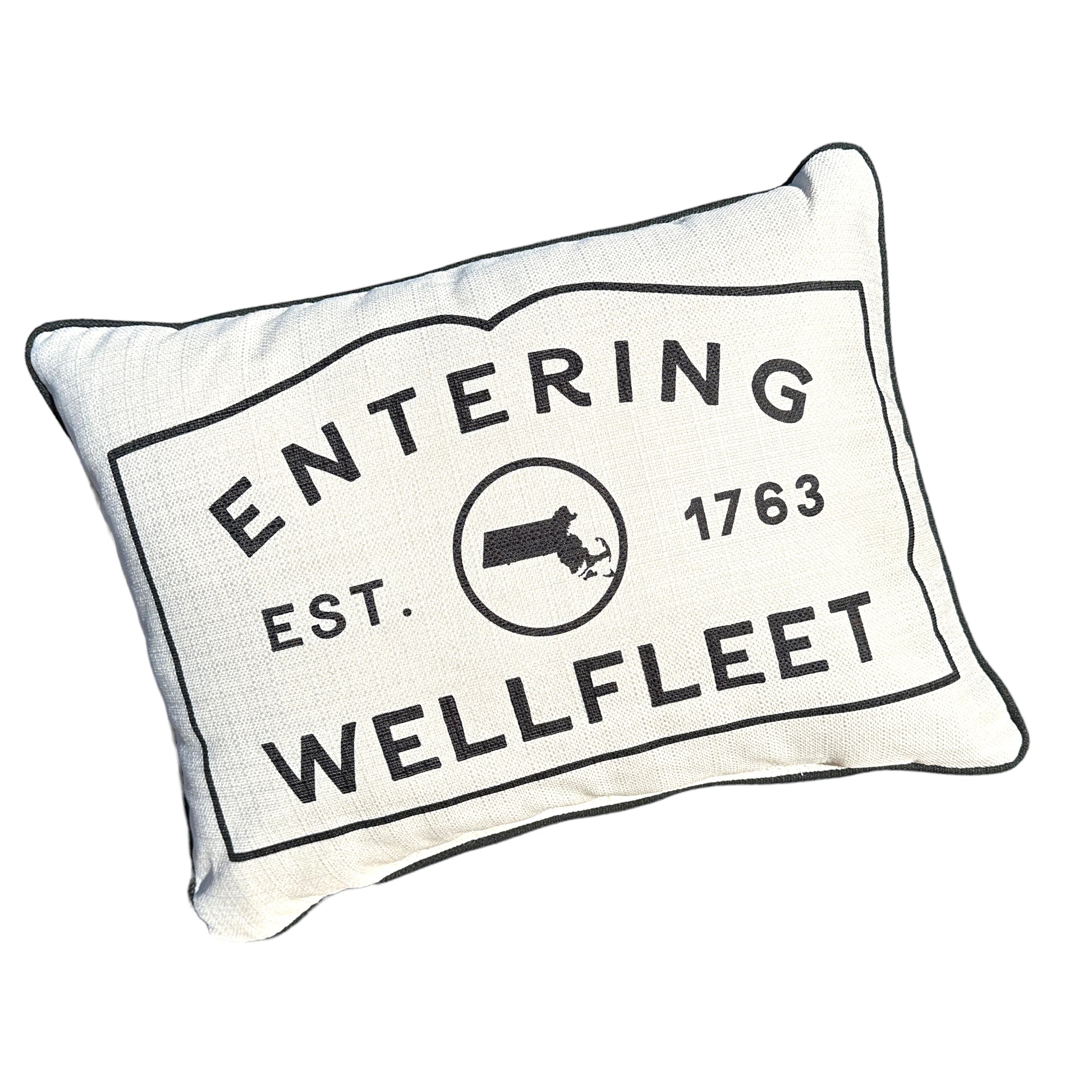 Wellfleet Massachusetts Town Sign Throw Pillow with Black Piping - 19-inch - Mellow Monkey
