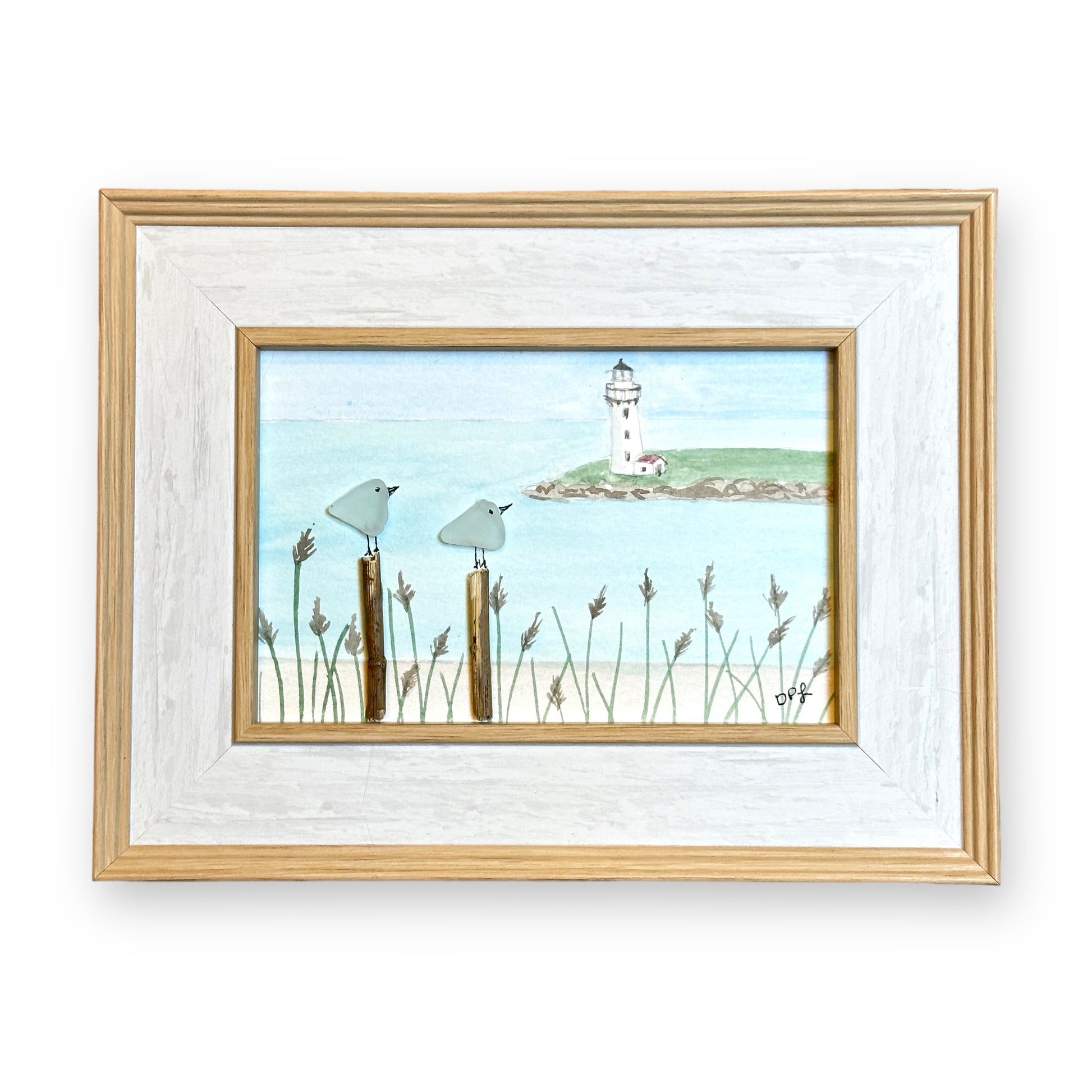 Lighthouse Sea Glass Birds on Watercolor Print - Framed Distressed White 8-1/2-in - Mellow Monkey