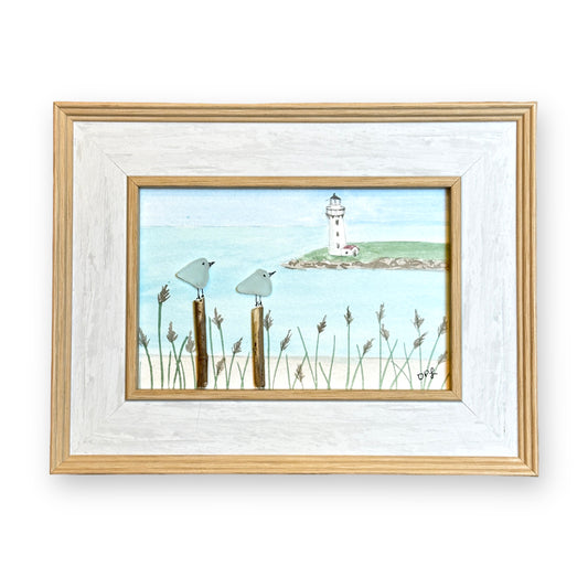 Lighthouse Sea Glass Birds on Watercolor Print - Framed Distressed White 8-1/2-in - Mellow Monkey