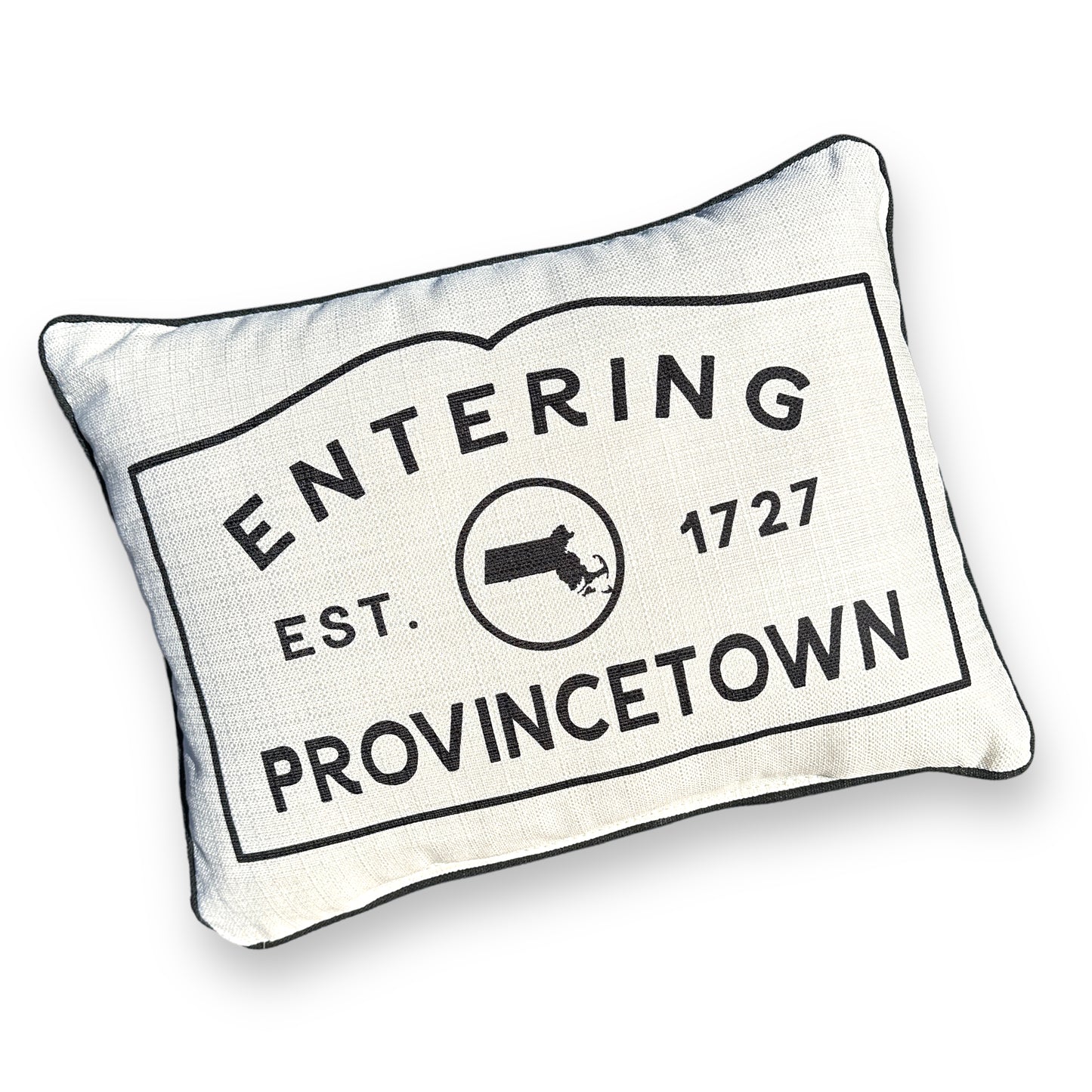 Provincetown Massachusetts Town Sign Throw Pillow with Black Piping - 19-inch - Mellow Monkey