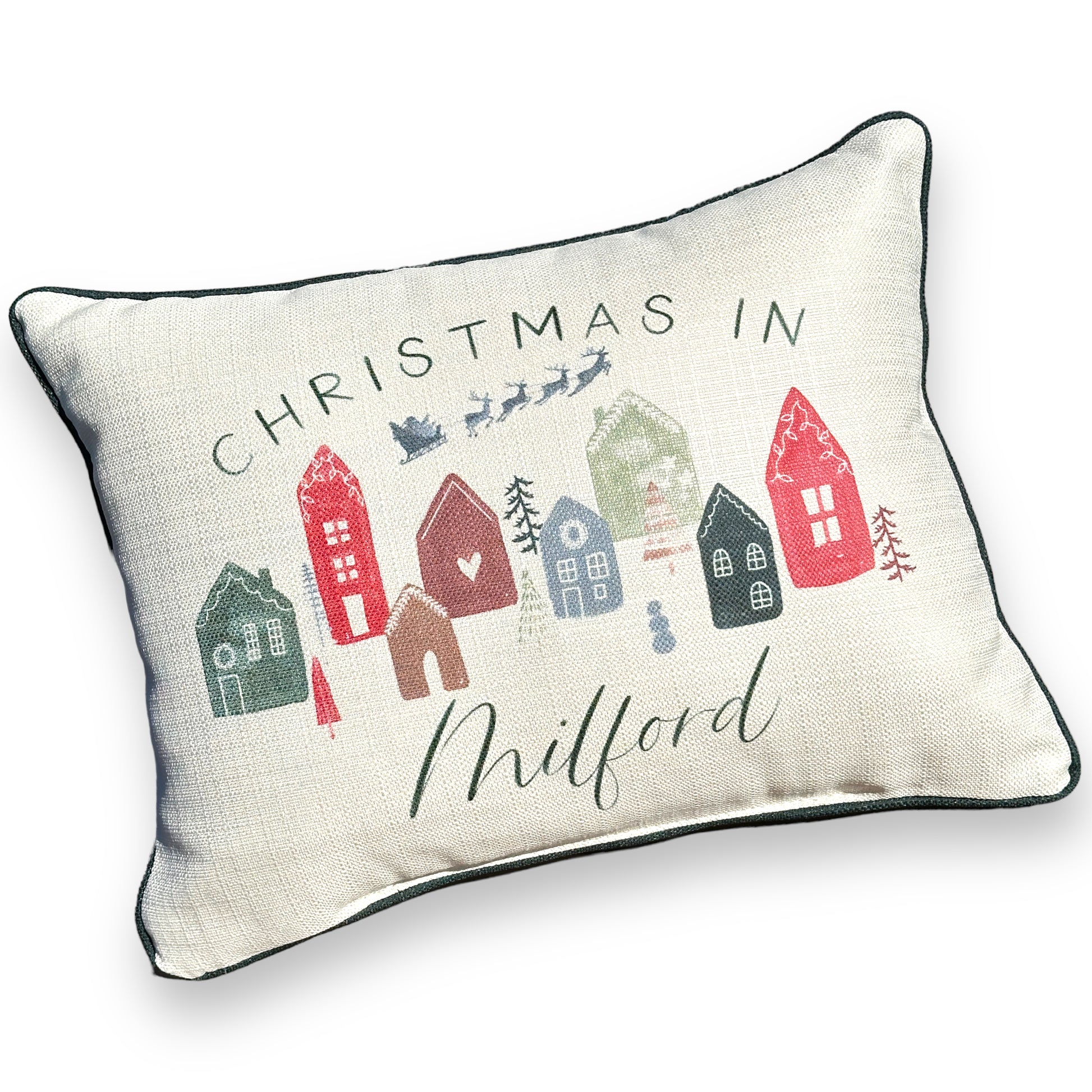 Christmas In Milford Throw Pillow with Evergreen Piping - 19-inch - Mellow Monkey