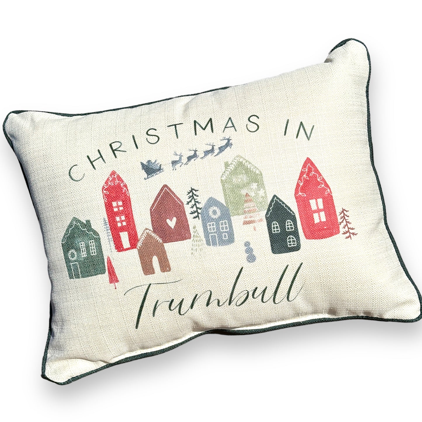 Christmas In Trumbull Throw Pillow with Evergreen Piping - 19-inch - Mellow Monkey