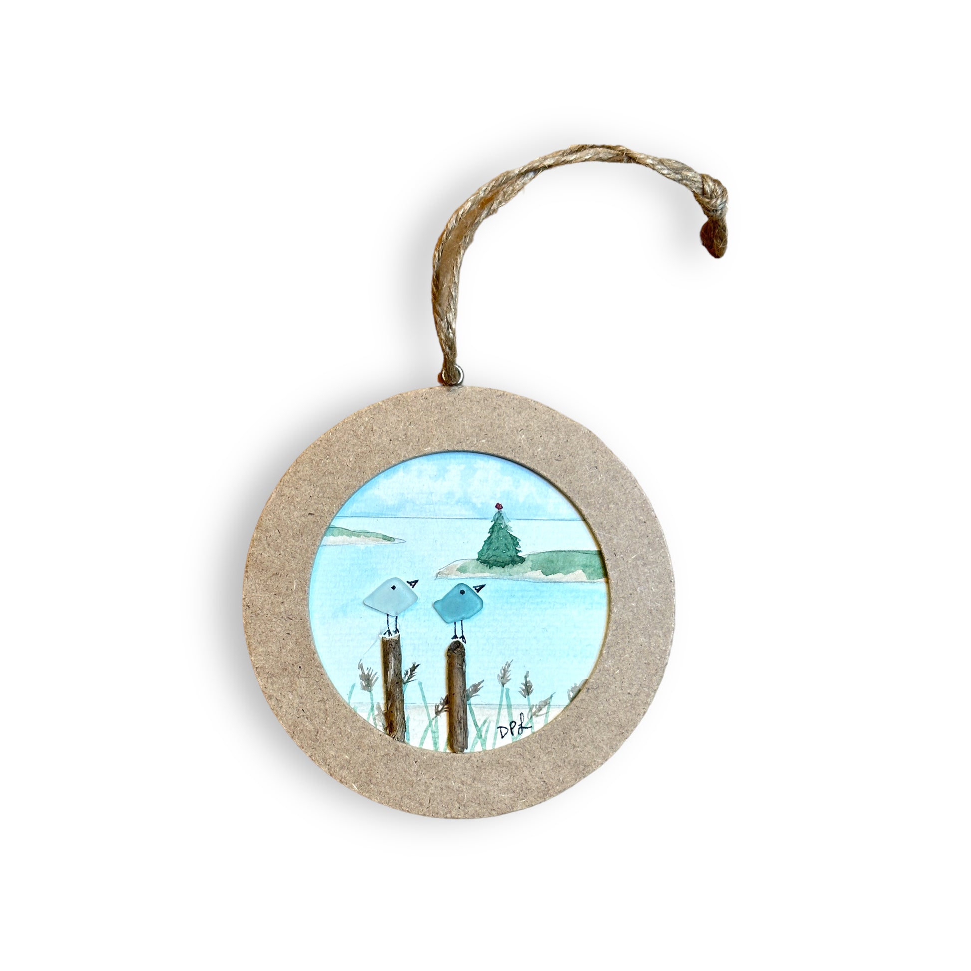 Sea Glass Birds on Watercolor Keepsake Ornament - 4-in Two With Tree - A - Mellow Monkey