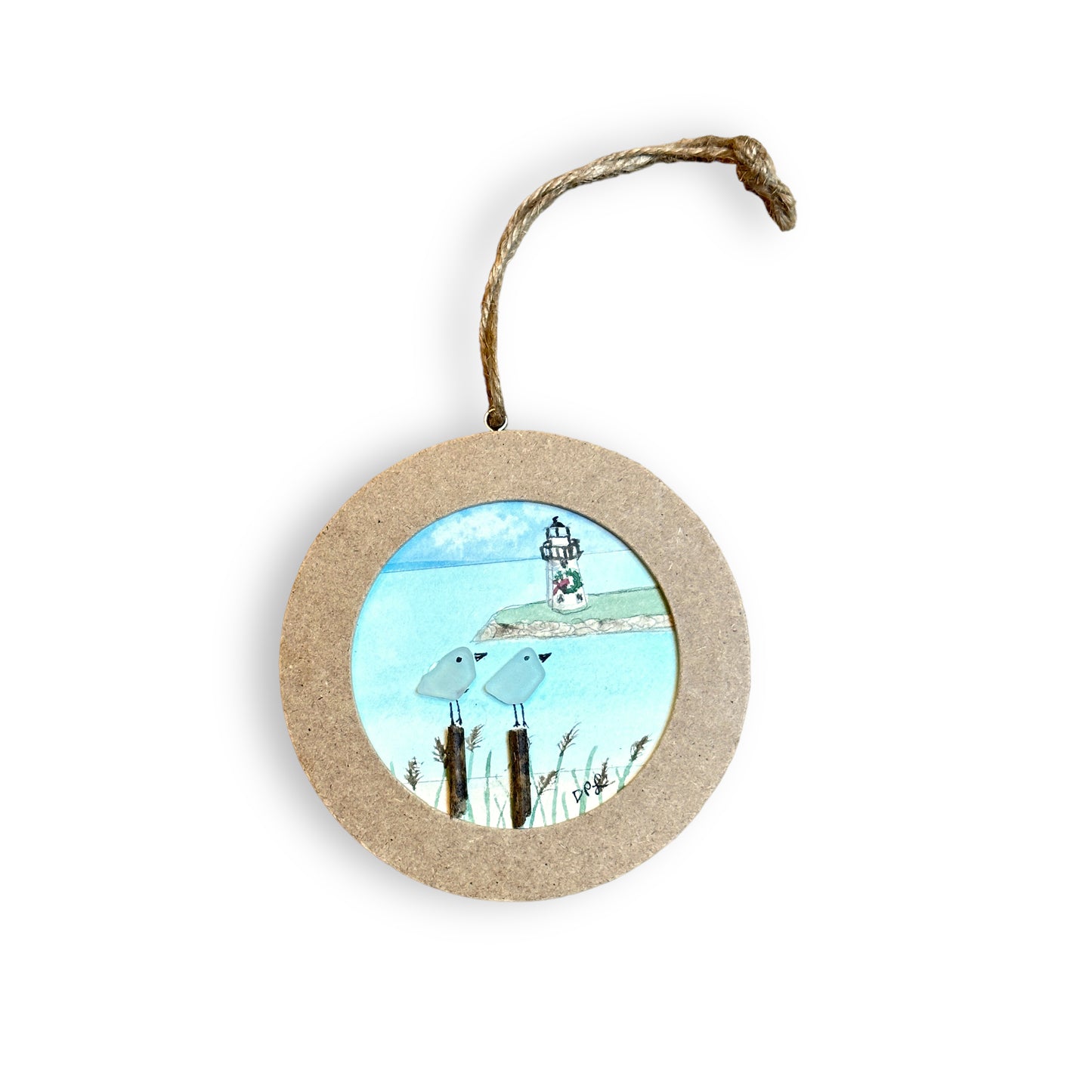 Sea Glass Birds on Watercolor Keepsake Ornament - 4-in Two With Lighthouse and Wreath - C - Mellow Monkey
