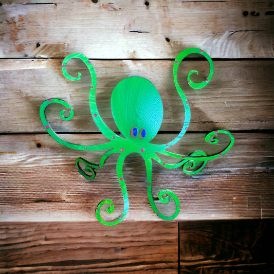 Octopus (Large-Green) Hand Painted Freestanding Metal Figurine - 8-in