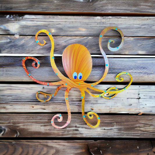 Octopus (Large-Orange) Hand Painted Freestanding Metal Figurine - 8-in
