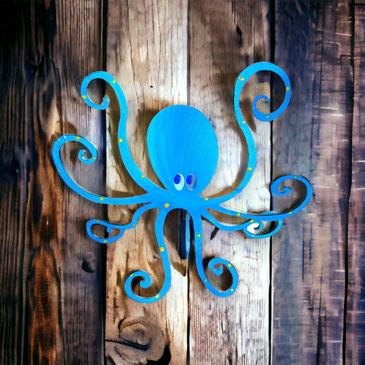 Octopus (Large-Turquoise) Hand Painted Freestanding Metal Figurine - 8-in