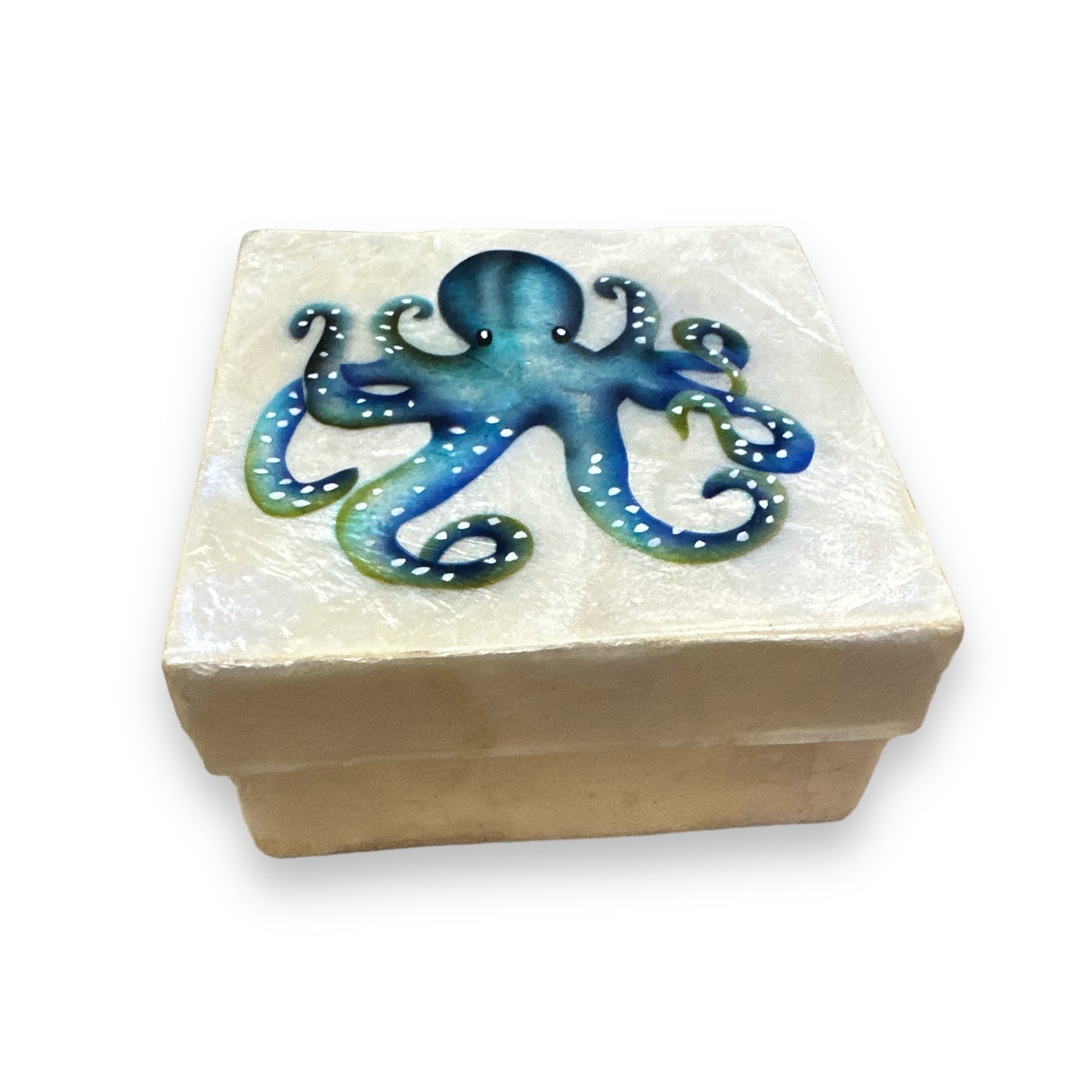 Capiz Box With Blue Painted Octopus - 4-in - Mellow Monkey