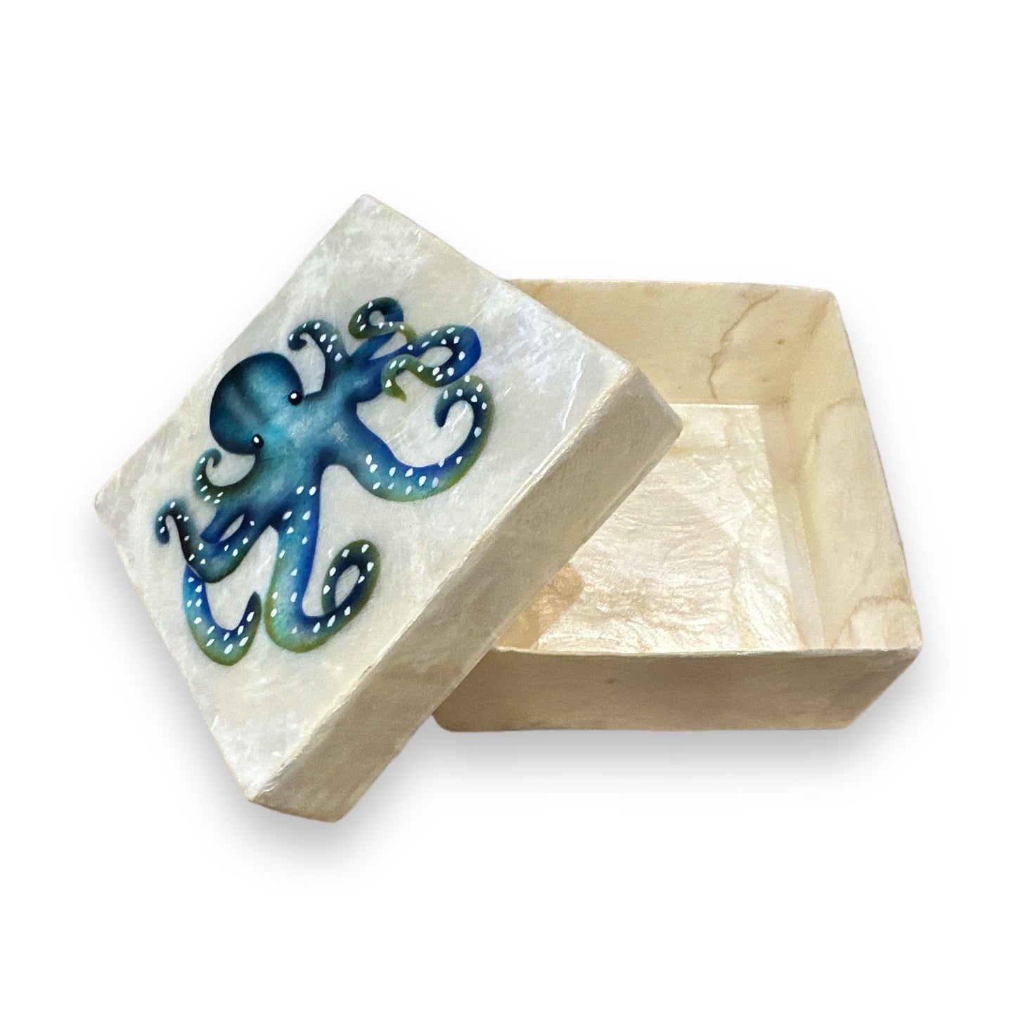Capiz Box With Blue Painted Octopus - 4-in - Mellow Monkey