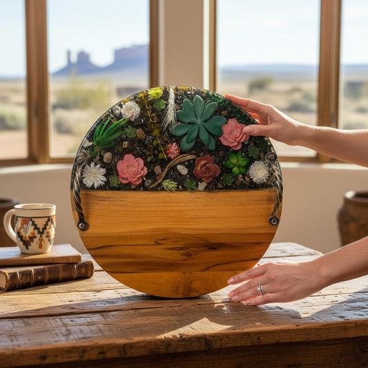 Succulent Round Resin and Wood Charcuterie Serving Tray - 15-in - Mellow Monkey
