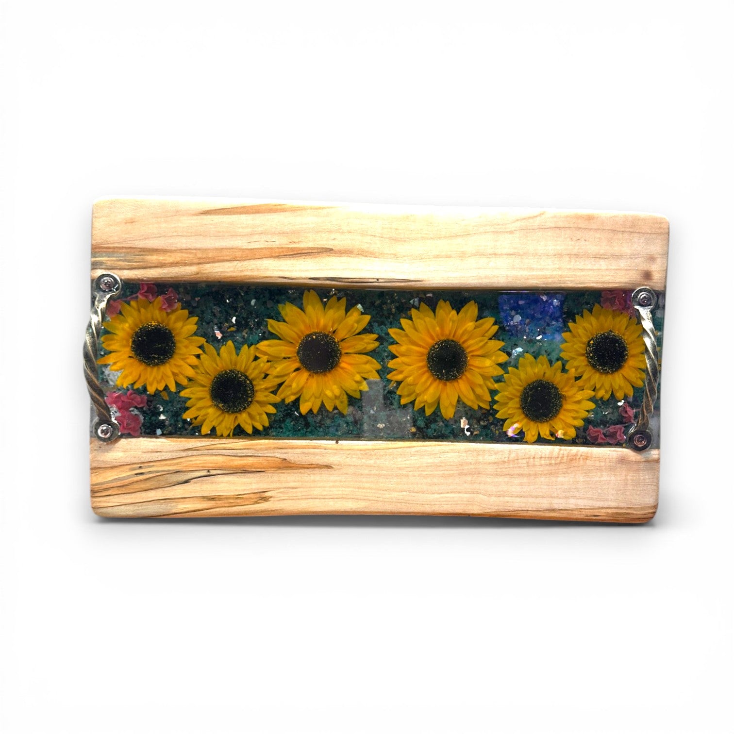 Sunflower Strawflower Resin and Wood Charcuterie Serving Tray - 18-in - Mellow Monkey