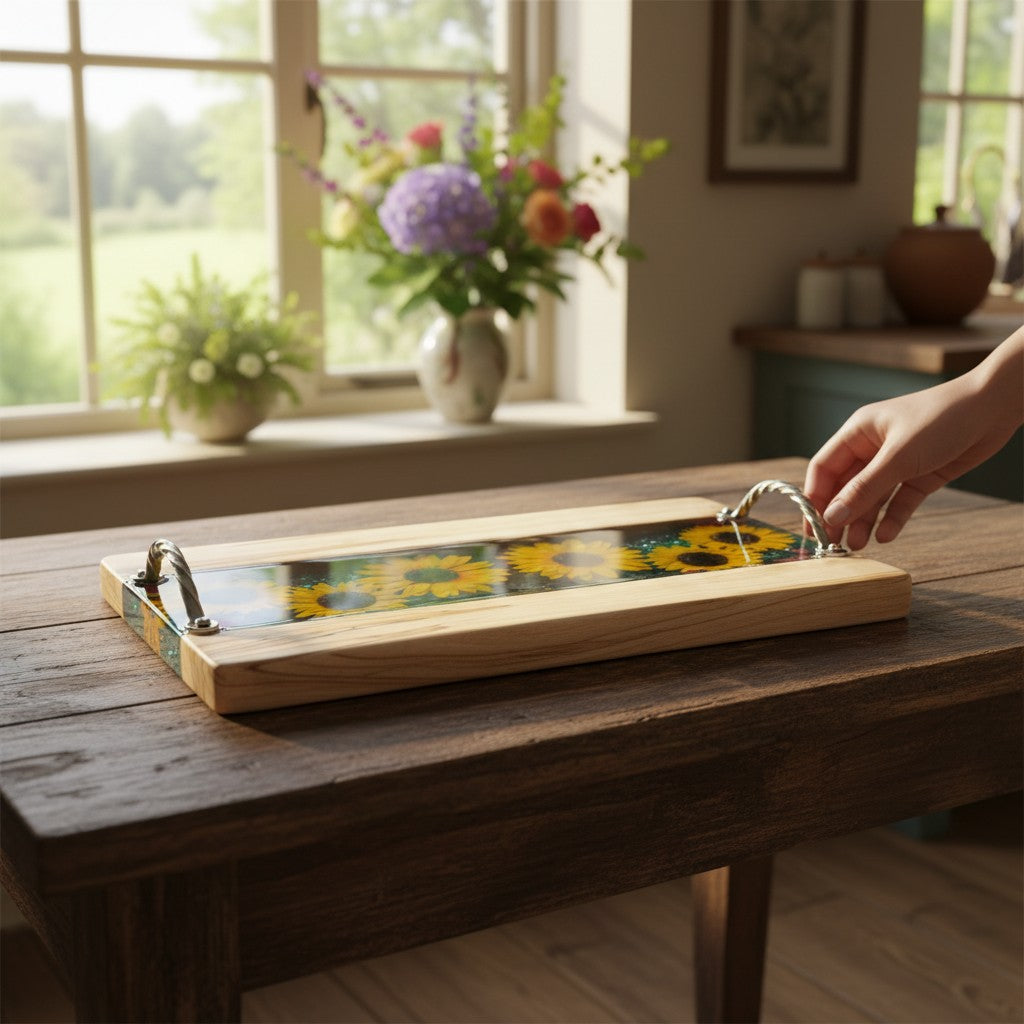 Sunflower Strawflower Resin and Wood Charcuterie Serving Tray - 18-in - Mellow Monkey